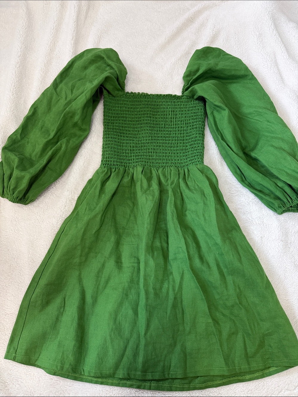 Reformation Emerald Green Smocked Puff Sleeve Mini Dress